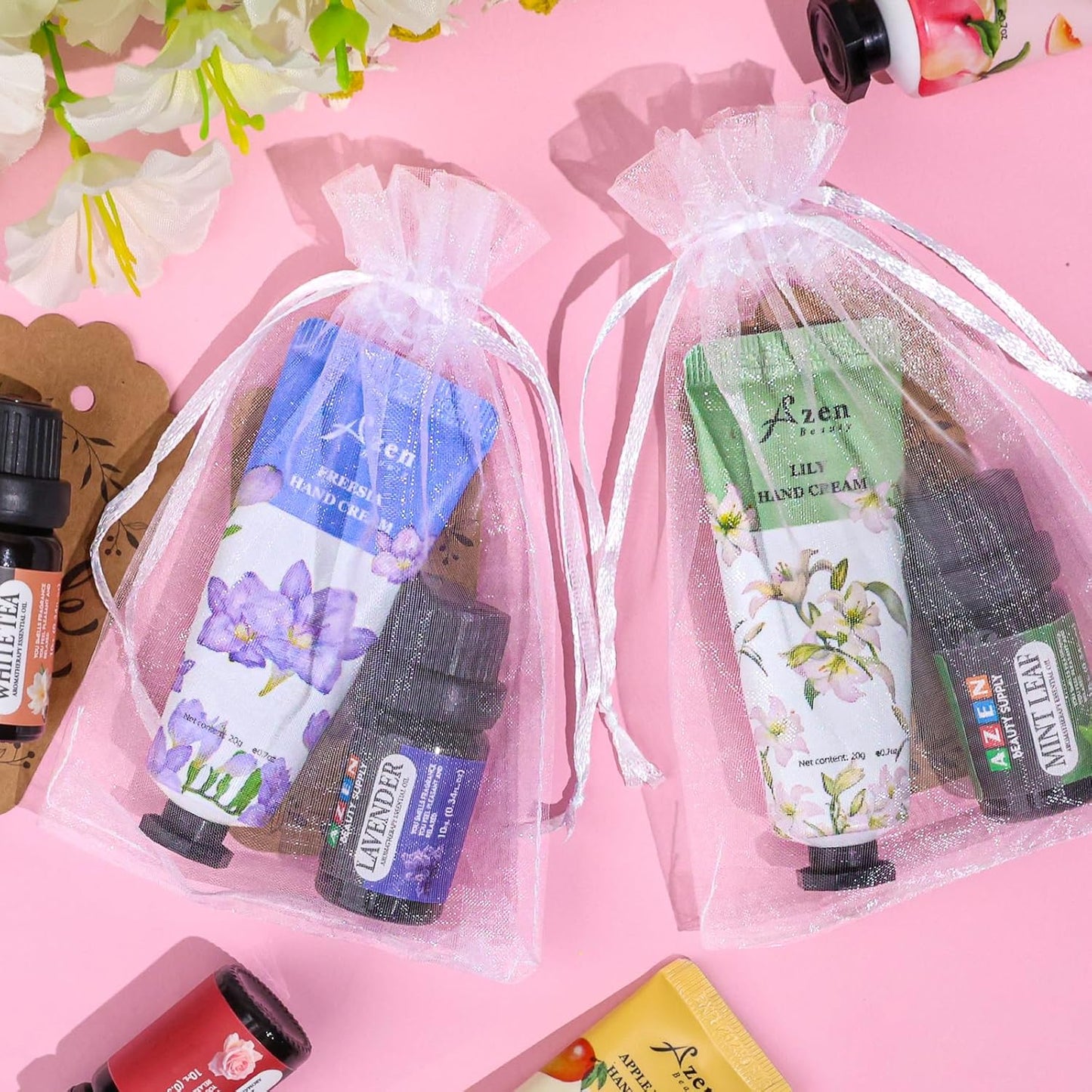 AZEN 60 Sets Bulk Gifts, Hand Cream and Essential Oils Bulk Set with Organza Bag Thank You Card, Baby Shower Wedding Gifts for Guests, Bridal Wedding Favors for Guests,Thank You Gifts for Women