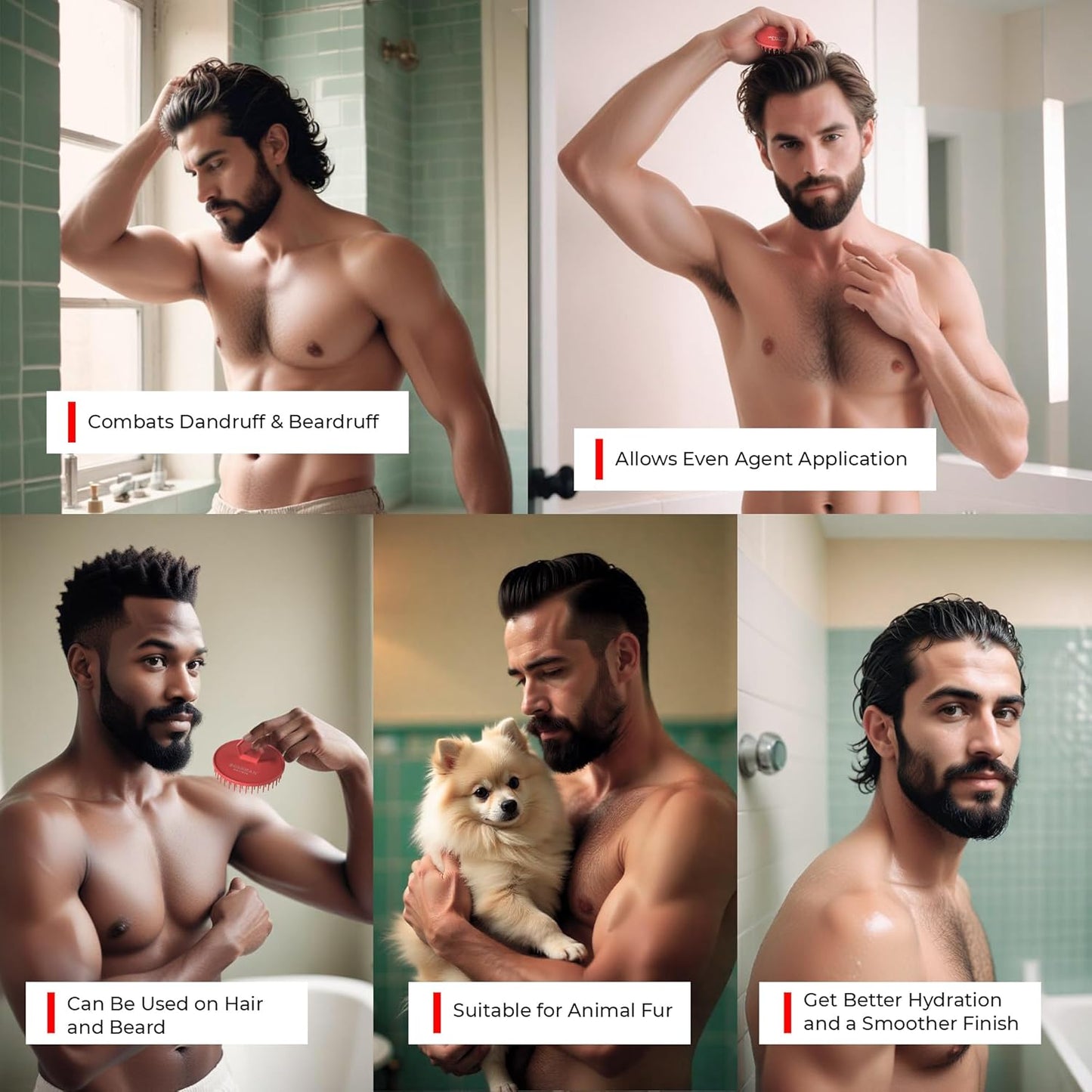 Bossman Scalp Massager & Shampoo Brush (3-inch, Red) – Head Scrubber, Beard Exfoliator & Dandruff Control for Hair & with Firm Bristles