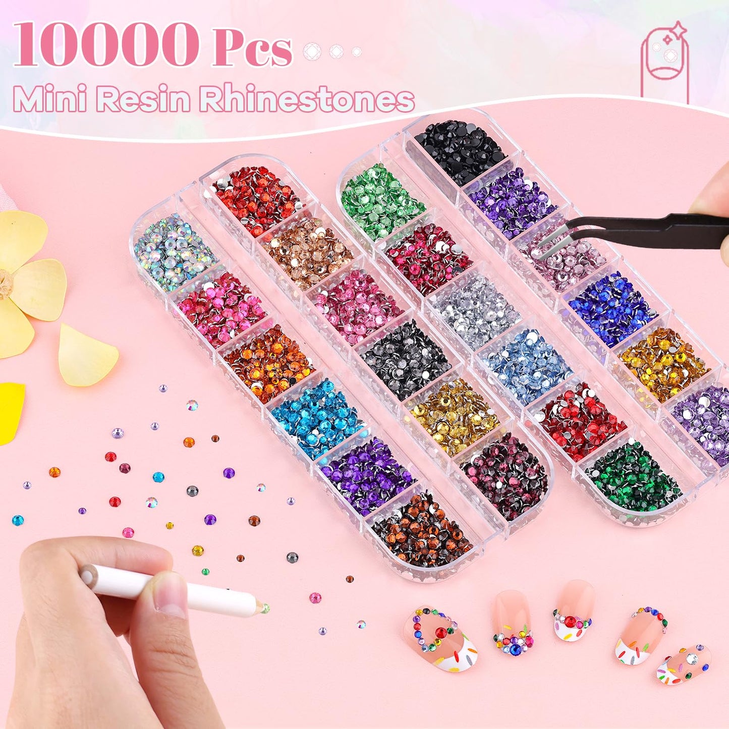 10000Pcs Small Resin Rhinestones for Nail Art with 15ML Nails Rhinestone Glue, Colorful 2/3MM Flatback Bedazzling Gems, Nail Rhinestones and Gems Crystals Charms for Acrylic Tips Manicure Decor