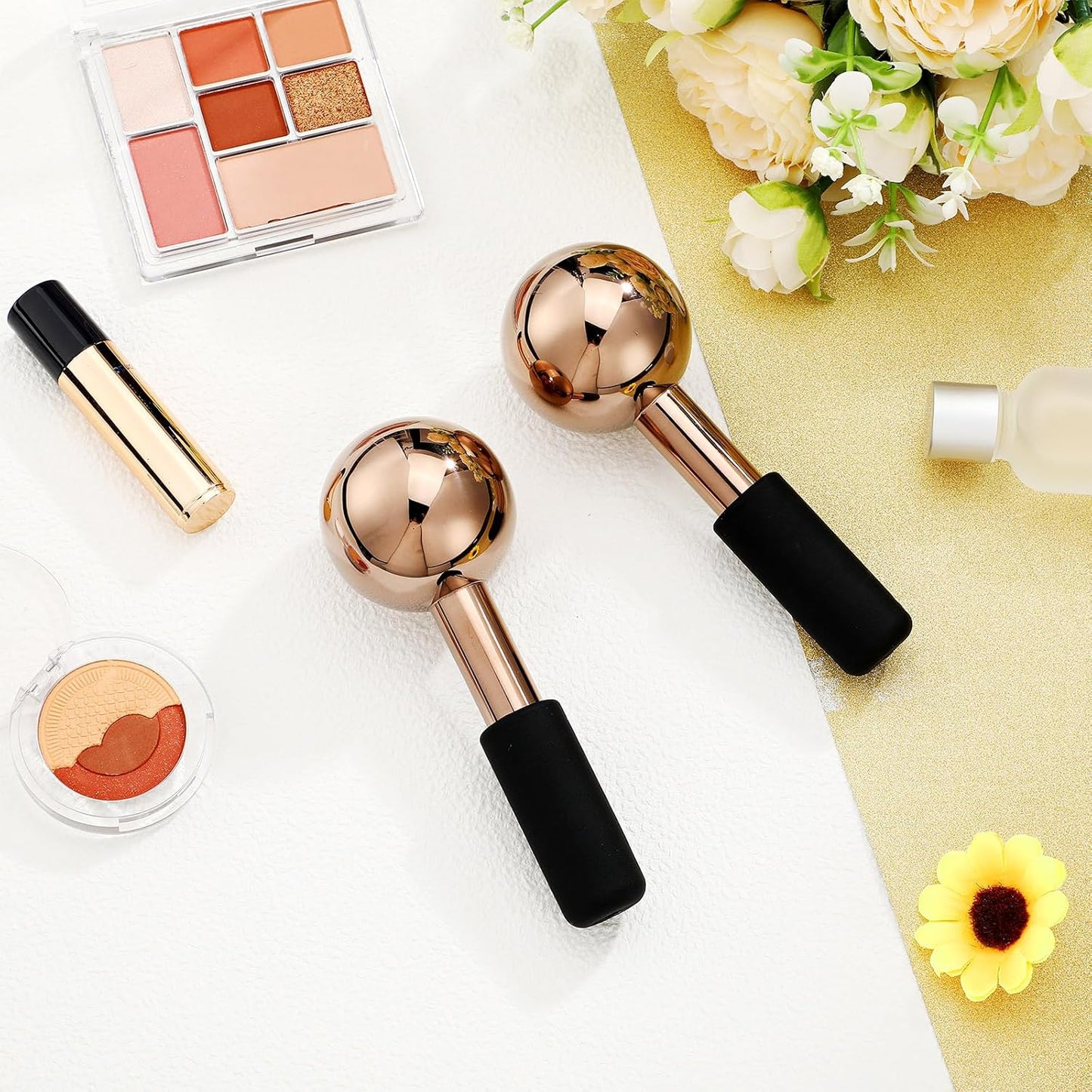 Baderke 2 Pcs Ice Globes for Face Stainless Steel Cooling Globes Unbreakable Cooling Roller Women Ice Balls Cryo Sticks Face Skin Care for Dark Circles, Puffiness(Rose Gold (black Handle))