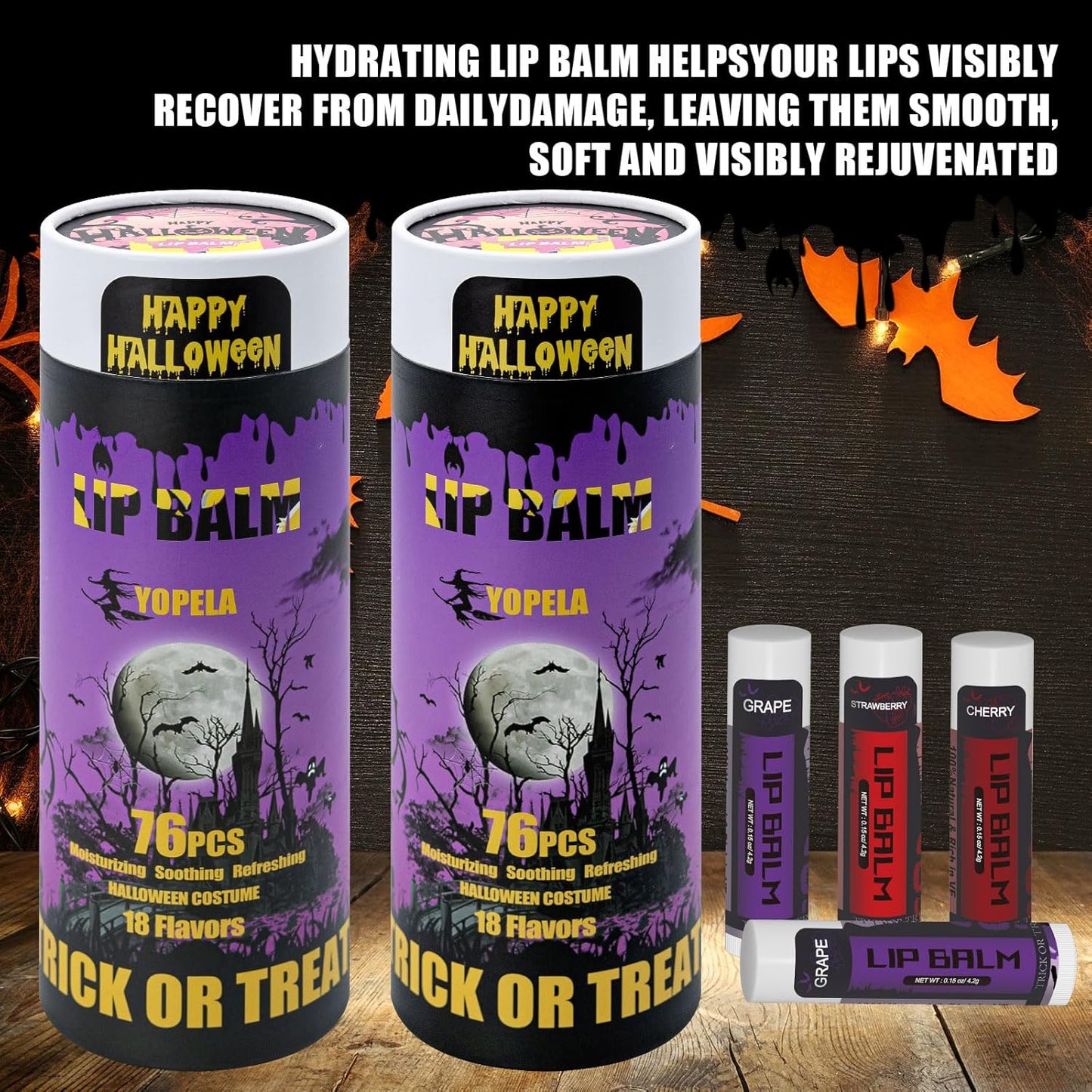 Yopela 76 Packs Halloween Lip Balm,18 Flavors Natural Chap Stick in Bulk, Moisturizing Stocking Dry Lips, Men Women Kids Party Gifts, Lip Care Product with Gift Card