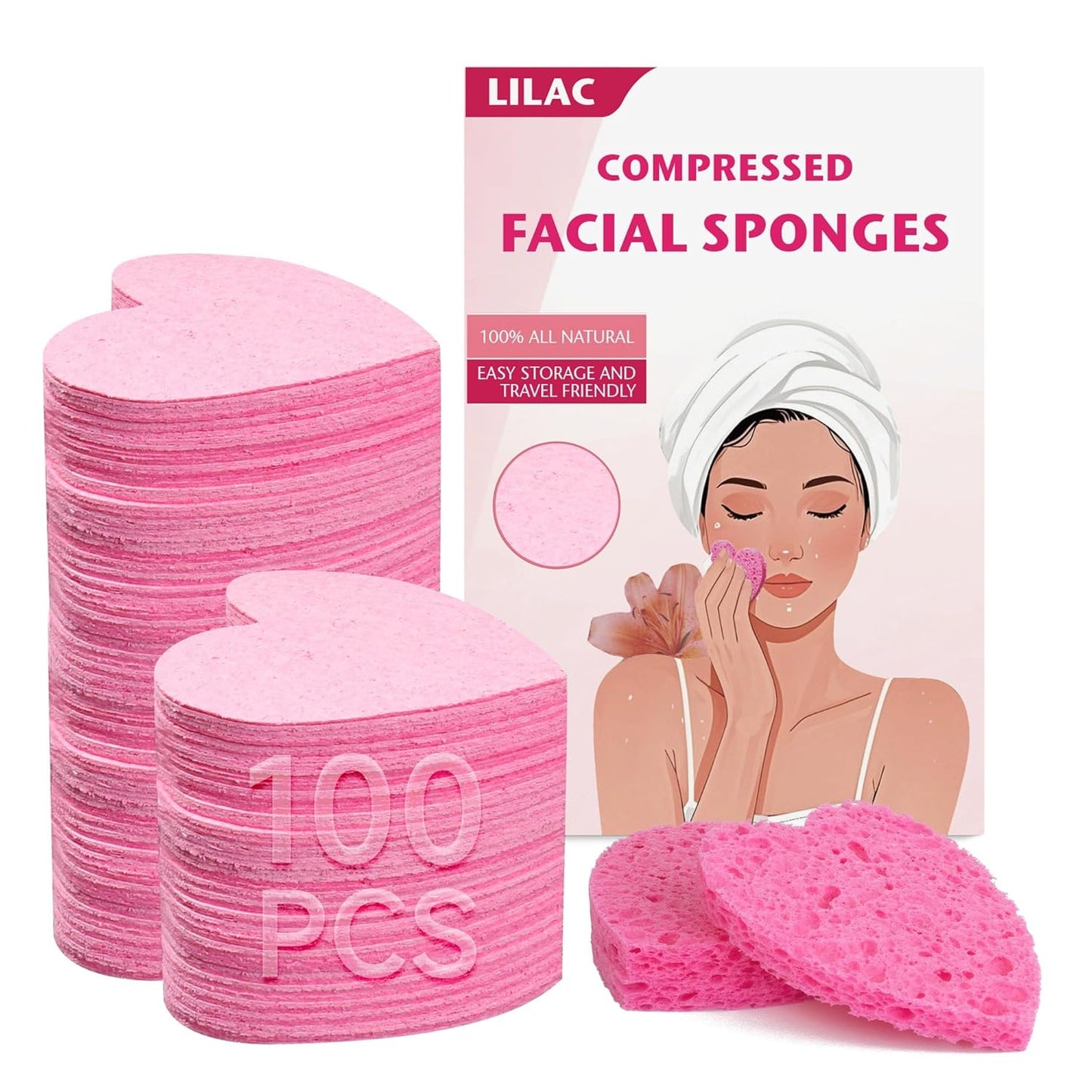 100 Count Compressed Pink Facial Sponges | 100% Natural Cellulose Eco-Friendly Makeup Sponges for Gentle Cleansing, Exfoliating & Stubborn Makeup Removal | Travel & Home Beauty Essentials for Women