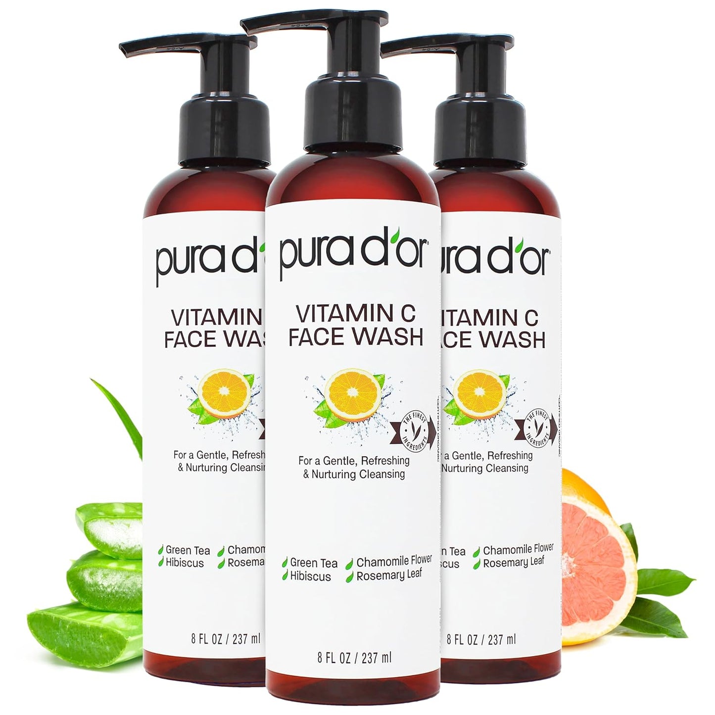 PURA D'OR Vitamin C Face Wash (8oz x3 = 24oz) Antioxidant Rich Facial Cleanser For Radiant Glow & Even Skin Tone - Gentle, Refreshing, Nurturing, Hydrating, Sulfate & Paraben Free Formula