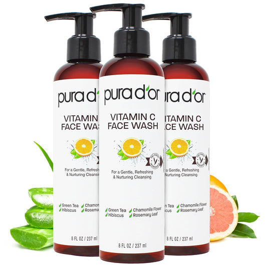 PURA D'OR Vitamin C Face Wash (8oz x3 = 24oz) Antioxidant Rich Facial Cleanser For Radiant Glow & Even Skin Tone - Gentle, Refreshing, Nurturing, Hydrating, Sulfate & Paraben Free Formula