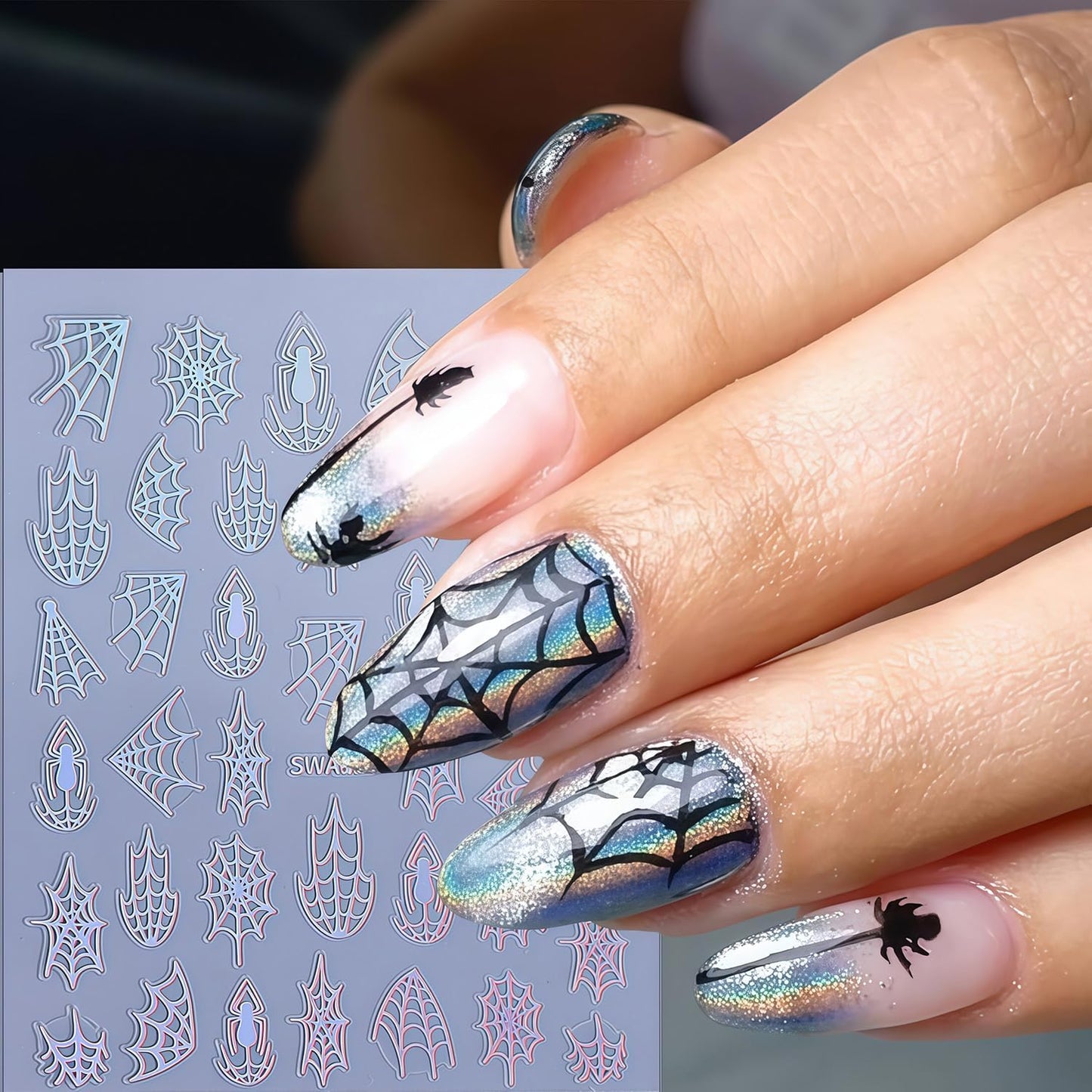 10 Sheets Spider Nail Art Stickers Halloween Nail Decals 3D Self-Adhesive Laser Black White Gold Silver Spiders and Spider Web Nail Sticker Design DIY Holiday Party Nails Supplies for Salon Manicure