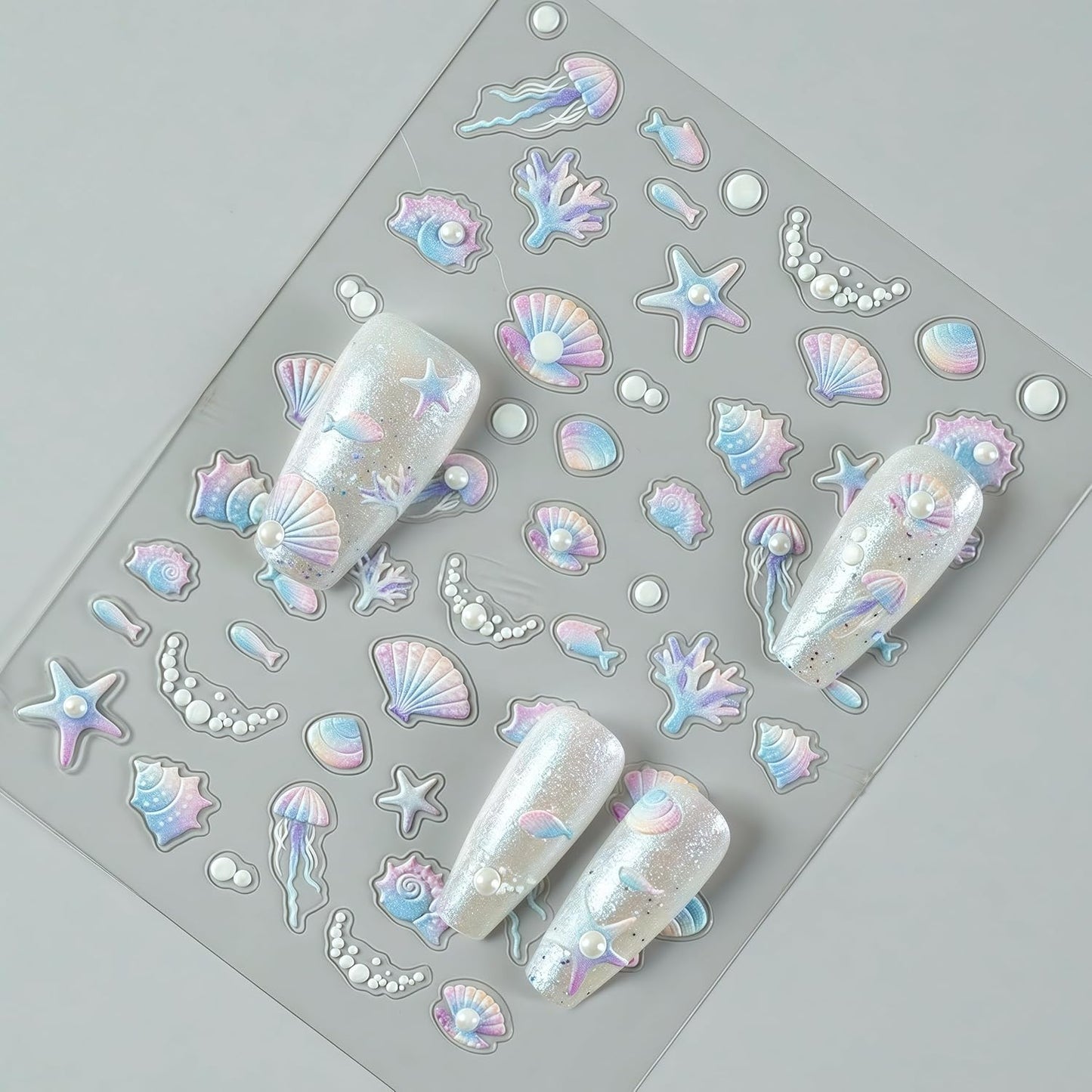 1 Sheets Embossed Shell Starfish Nail Art Stickers 5D Self Adhesive Summer Marine Life Fishtail Pearl Decals for Women Girls Manicure DIY Decorations Exquisite Cardboard Set