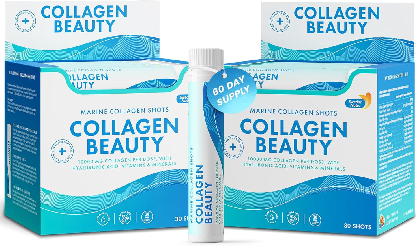 Swedish Nutra - Collagen Beauty|10,000 mg Hydrolyzed Marine Collagen Liquid Supplement-2 X 30 Packs, 60 Day Supply|Hyaluronic Acid and Vitamin C to Support Healthy Hair, Skin, Nails|Sugar-Free