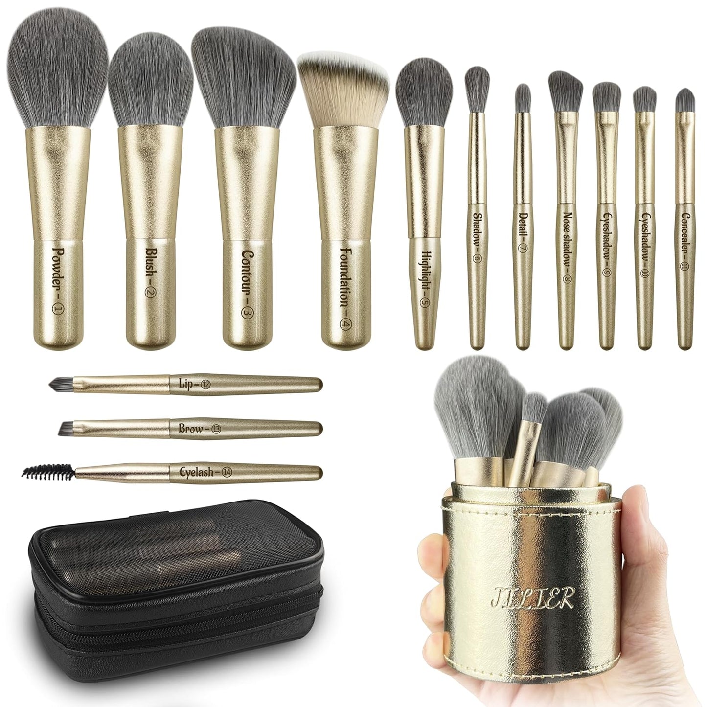 Jilier Travel Makeup Brush Set, 14 pcs Mini Makeup Brushes for Foundation, Powder, Eyeshadow, Highlight, Contour, Blush & Concealer, Small Makeup Brush Set Purse Size with Case