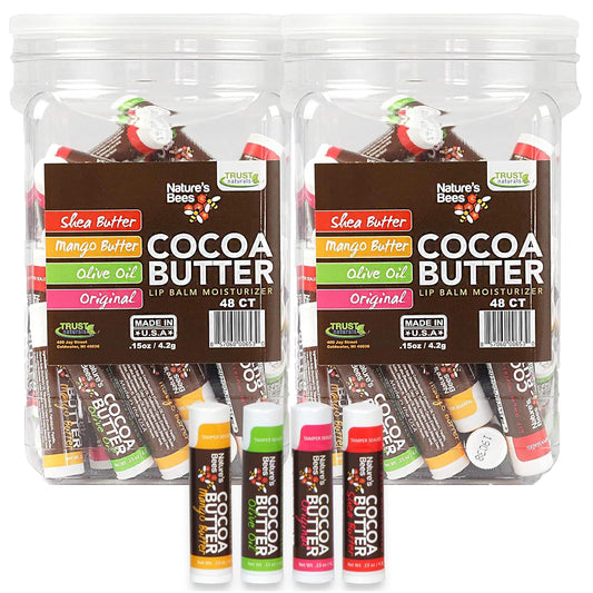 Nature's Bees Cocoa Butter Lip Balm, Original, Shea Butter, Olive Oil and Mango, Bulk Lip Care Pack for Dry Lips, Made with Coconut Oil, Beeswax, Vitamin E, Aloe, 0.15 oz 4 Flavors, 96 Pack