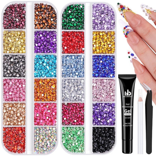 10000Pcs Small Resin Rhinestones for Nail Art with 15ML Nails Rhinestone Glue, Colorful 2/3MM Flatback Bedazzling Gems, Nail Rhinestones and Gems Crystals Charms for Acrylic Tips Manicure Decor
