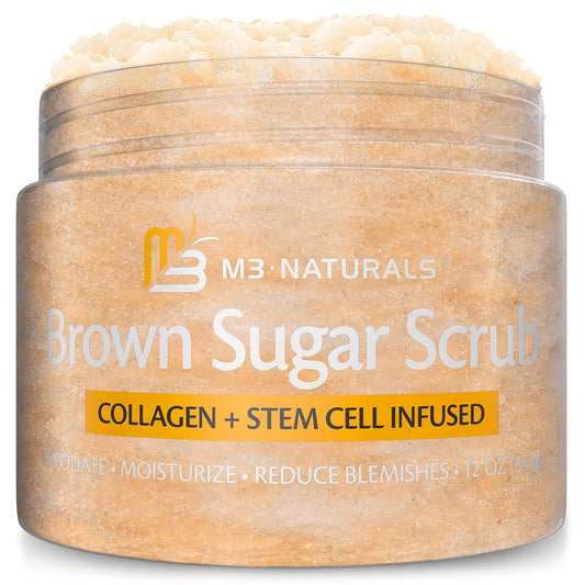 Brown Sugar Scrub Face Foot & Body Exfoliator Infused with Collagen and Stem Cell Exfoliating Salt Body Scrub for Toning Skin Cellulite Skin Care, 12oz by M3 Naturals