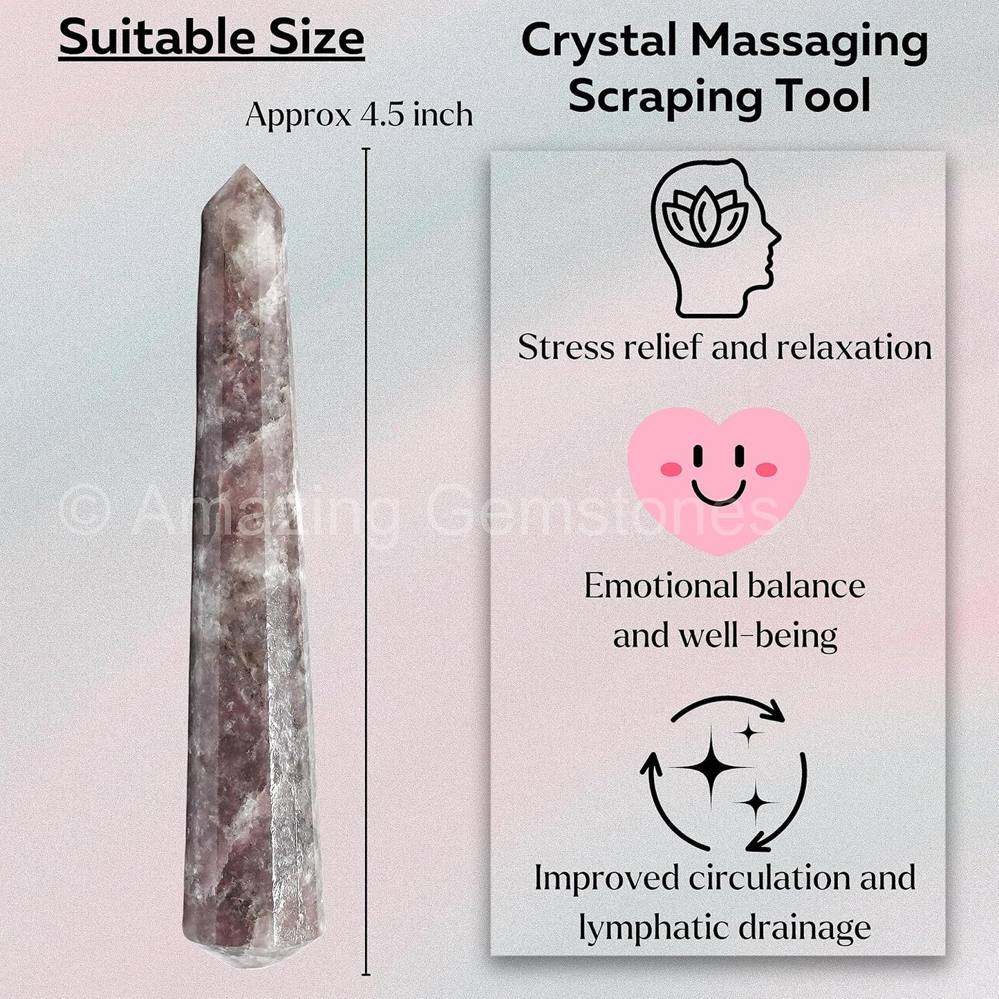 Amazing Gemstone Lepidolite Crystal Wand Massage Stick - Pelvic Wand Gua Sha for Adults - Crystals and Healing Stones Massage Wands for Adults Gifts (Pointed)