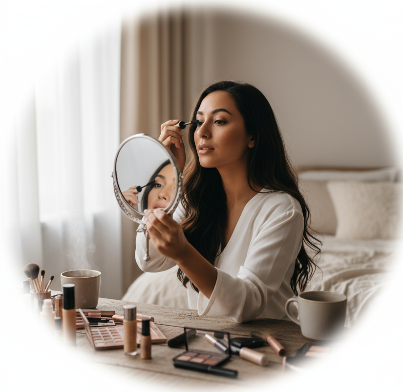 circle photo of woman doing her makeup, make a real photo